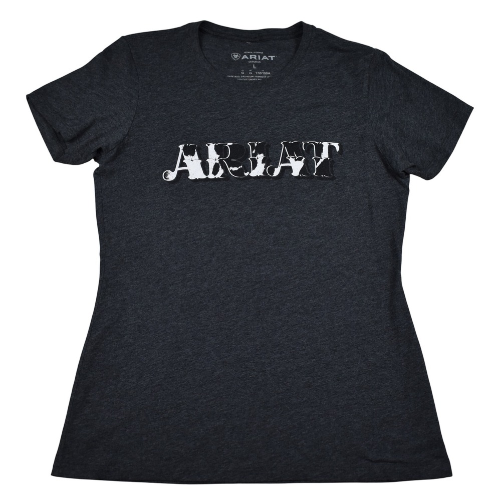 Ariat Logo T-Shirt Womens Large Slim Fit Dark Gray Cow Print Tee Western Cowgirl